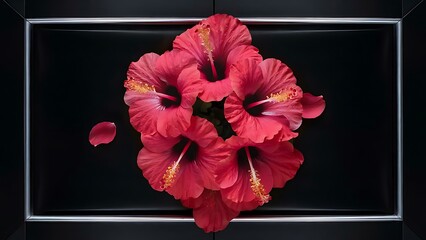 Fresh hibiscus flowers on black background frame