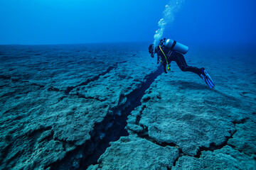 A clear underwater fault line with visible tectonic plates and a diver during seismic activity 