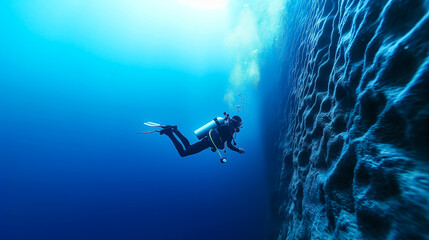 A deep underwater fault line creating rapid seismic activity with bubbles and a diver in dark blue water 