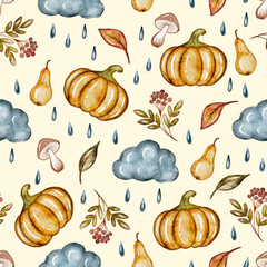 Autumnal watercolor seamless pattern with pumpkins, leaves and clouds with rain