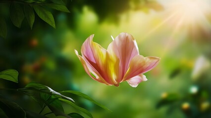 Fototapeta premium The beautiful flower floating in the air with the green background