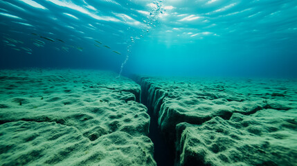 A massive underwater earthquake creating a visible fault line with bubbles and fish in clear blue water 