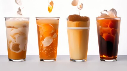 Cooling Down: Trio of Iced Latte Glasses with Ice Cubes