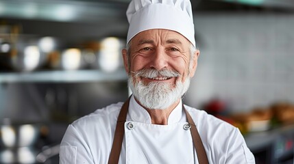 A portrait of an elderly male chef in his professional uniform, smiling and looking directly at the camera with confidence while standing against kitchen equipment.