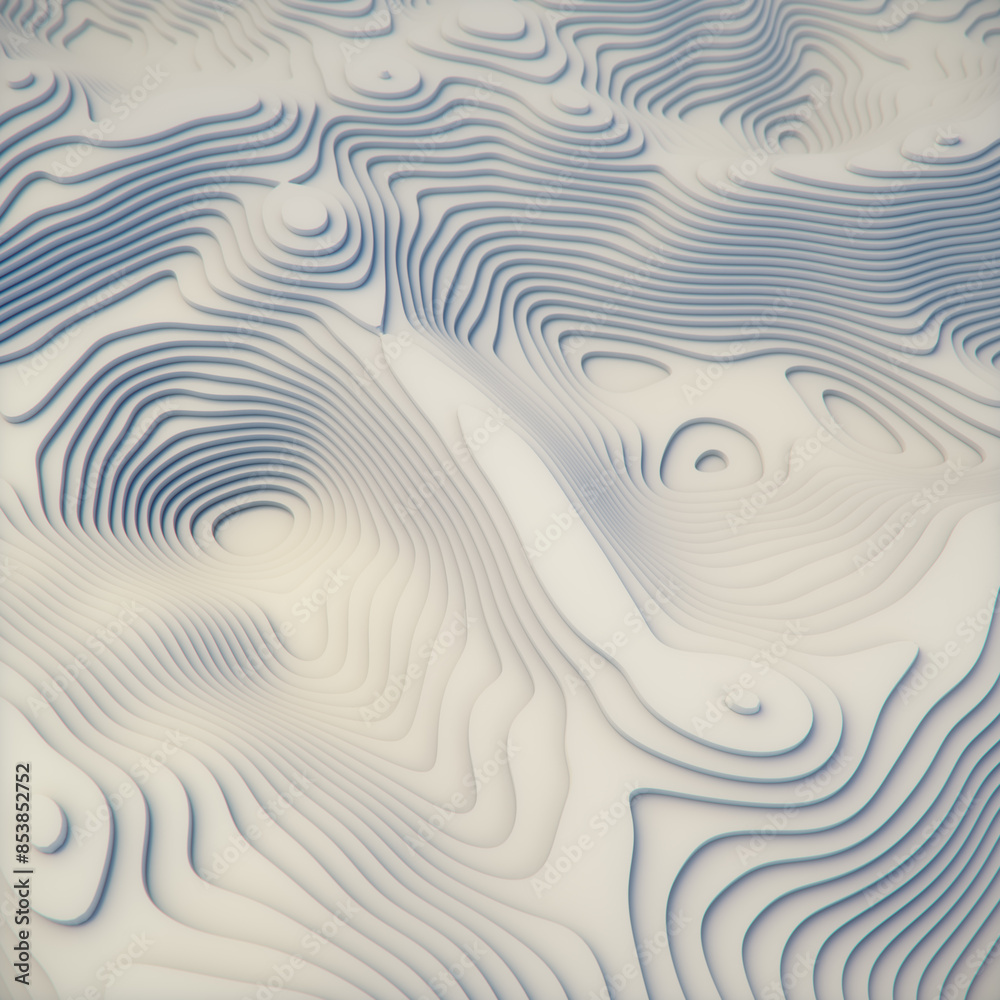 Poster Intricate patterns of white wavy lines. Topographical landscape. 3d rendering illustration