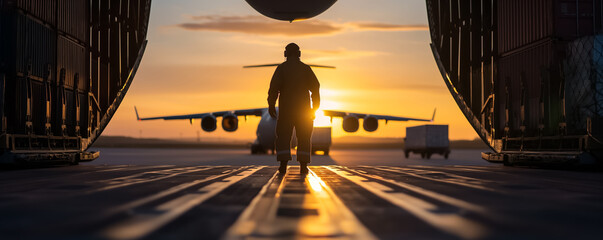 Cargo plane being swiftly loaded with shipping containers at sunset 