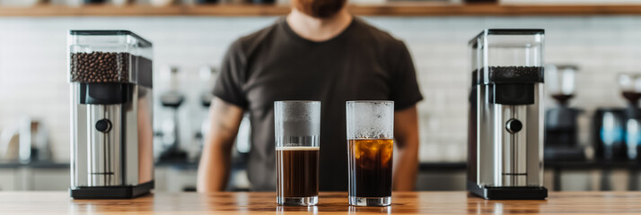 Expert brewer demonstrates cold coffee making using different machines 