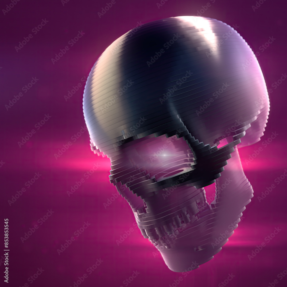 Leinwandbilder dark glossy skull composed of a pattern of stripes and illuminated by bright red flashes. 3d renderi