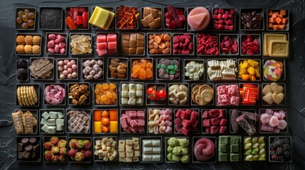 Fototapeta premium A colorful assortment of assorted candies in small black containers. The candies are arranged in rows. The candies are colorful and delicious. A sweet treat for anyone.