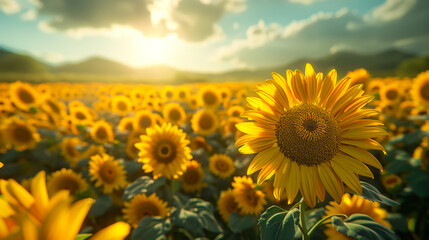 Obraz premium Field of ripe sunflowers on a sunset field. On a sunny day, sunflowers on an agricultural field. Agriculture and gardening concept. A bountiful harvest.