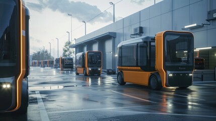 Obraz premium A smart city logistics hub with autonomous delivery vehicles and real-time tracking, photorealistic, in an industrial area, emphasizing efficient supply chains