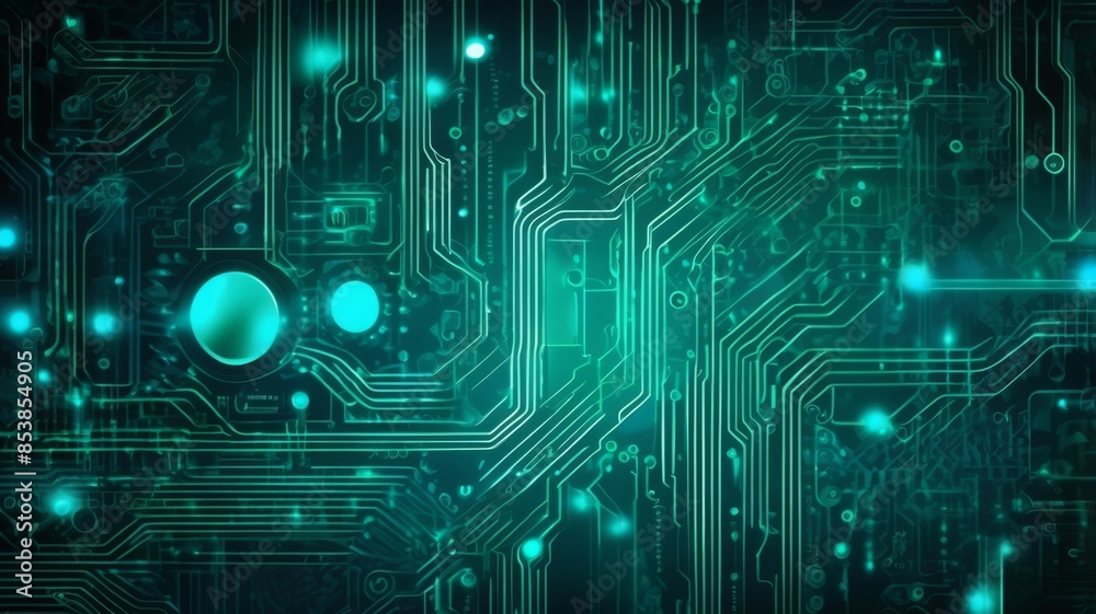Poster abstract background featuring a detailed circuit board design with glowing pathways and nodes