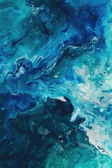 A detailed view of a vibrant painting featuring shades of blue and green