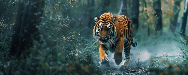 Majestic tiger prowls through dense forest, blending perfectly with its natural surroundings, exuding power and grace in every stride.