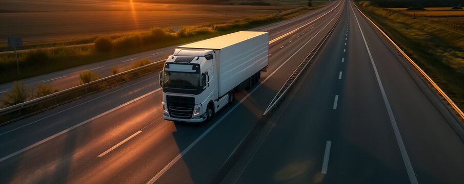 Refrigerated truck transporting perishable goods along highway at sunrise 