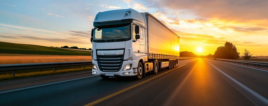 Refrigerated truck transporting perishable goods along highway at sunrise 