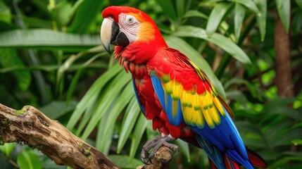 Fototapeta premium Bright colorful parrot perched on a tree branch in a tropical jungle with lush green leaves in the background.