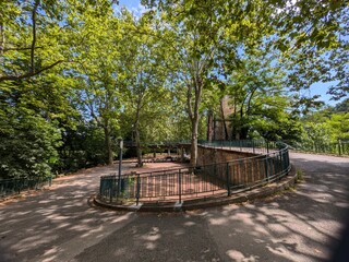 Wide angle view of winding road down from Barbe island bridge, Lyon, France