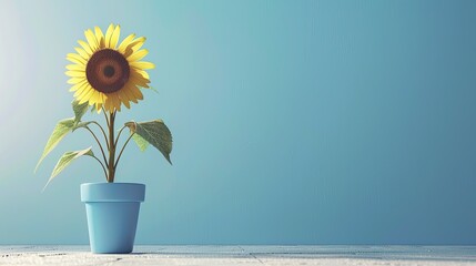 Obraz premium Bright sunflower in a blue pot on a light wooden surface, set against a blue background. Minimalistic and cheerful floral decor.