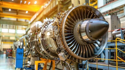 Close-up of a jet engine in an industrial setting. Showcases intricate mechanical details and engineering expertise.