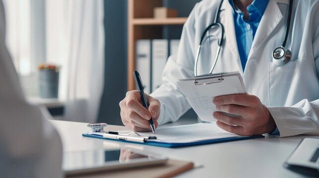 Close up of doctor sitting at desk, taking notes on a clipboard while having a conversation with a patient in the office. White coat and stethoscope