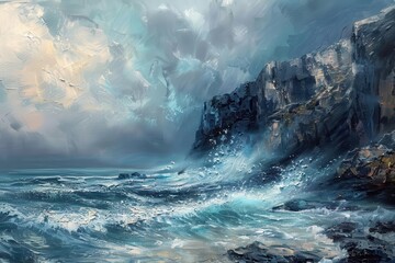 dramatic stormy ocean waves crashing against rocky cliffs moody seascape oil painting