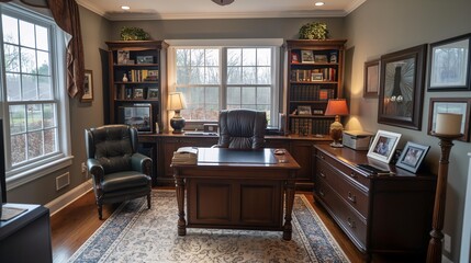 Fototapeta premium Elegant home office with wooden furniture, bookshelves, and a large desk, creating a cozy yet professional workspace with natural light.