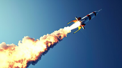 Dynamic rocket launch with fiery exhaust against a clear blue sky, showcasing the energy and power of space travel and exploration.