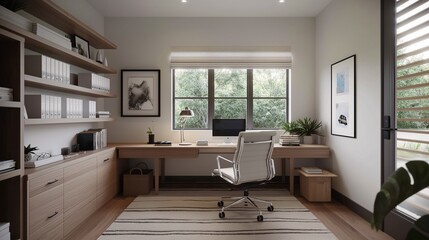 Fototapeta premium Modern home office interior with wooden furniture, large window, bookshelves, and a comfortable chair, offering a bright and organized workspace.