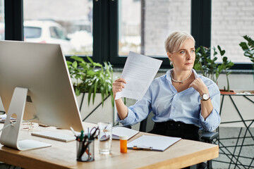 Middle-aged businesswoman with short hair sitting at a desk, deep in thought while holding a piece...
