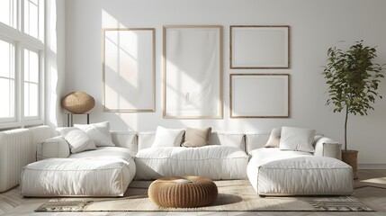 3 large thick white wooden picture frames hanging on the wall in front of the sofa, neutral colors and tones, a simple minimalist modern living room with a Scandinavian design style.
