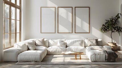 3 large thick white wooden picture frames hanging on the wall in front of the sofa, neutral colors and tones, a simple minimalist modern living room with a Scandinavian design style.