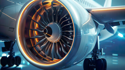 Hyper-realistic image of an airplane engine detailed view of turbine blades and engine components  modern aviation 