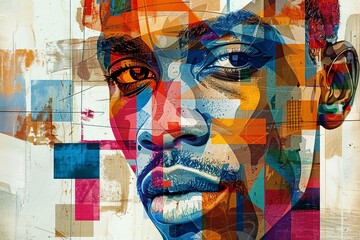 Celebrate the essence of American History Month with an abstract portrait of an American woman, where iconic American landmarks inspire a vibrant palette of Pan-American colors in every brushstroke.