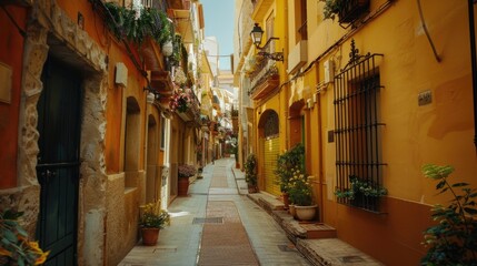 Narrow street lined with yellow buildings and potted plants