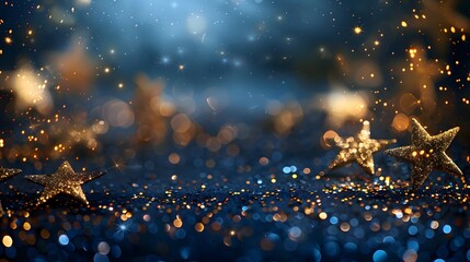A background of golden stars on a dark blue with glitter and sparkle effects. atmosphere suitable for festive or special events like New Year's Eve, Christmas, Easter, wedding skies.