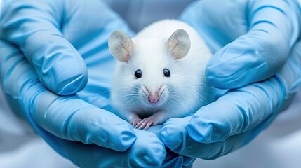 Scientist wearing latex gloves holds a white laboratory mouse carefully in their hands, highlighting delicate and ethical animal handling in research.