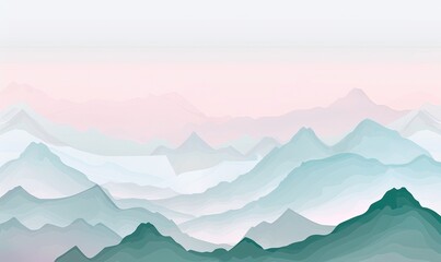 Serene watercolor mountain landscape with soft pastel hues and layered peaks, creating a tranquil and calming visual effect.
