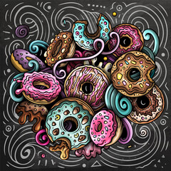 Donuts vector doodles illustration. Sweets poster design. Doughnut elements and objects cartoon background. Bright colors funny picture. All items are separated