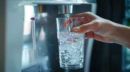 Close-up hand of Woman taking fresh water from dispenser machine poured from water cooler into the glass, Drinking water machine. © Oulaphone