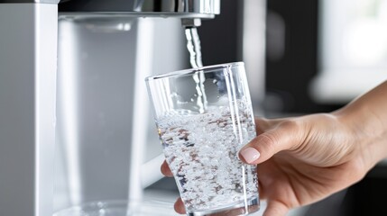 Close-up hand of Woman taking fresh water from dispenser machine poured from water cooler into the glass, Drinking water machine. © Oulaphone