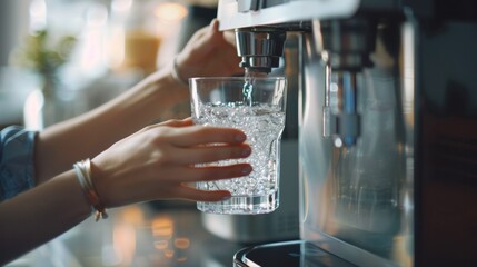 Close-up hand of Woman taking fresh water from dispenser machine poured from water cooler into the glass, Drinking water machine. © Oulaphone
