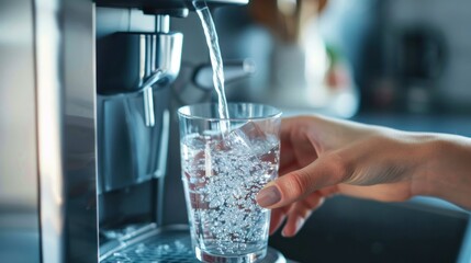Close-up hand of Woman taking fresh water from dispenser machine poured from water cooler into the glass, Drinking water machine. © Oulaphone