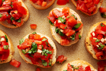 Homemade Italian Tomato Bruschetta on a Plate, top view. Close-up.