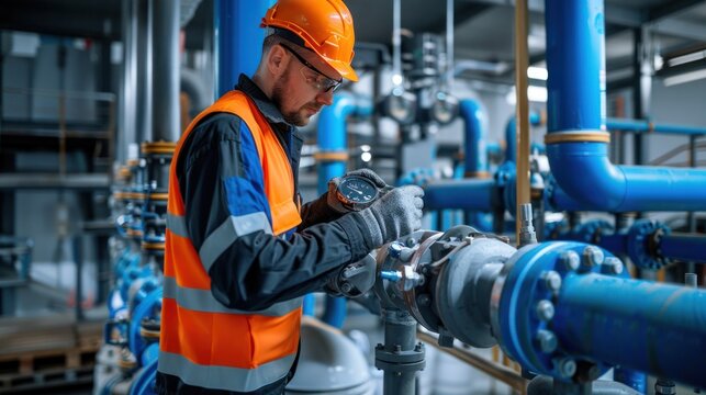 Male worker at water supply station inspects water pump valves equipment in at a large industrial estate. Water pipes. Industrial plumbing. Close up.