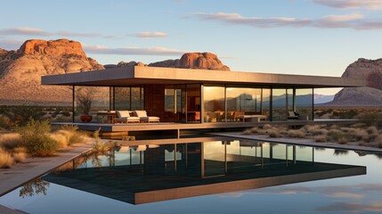 Fototapeta premium A modern glass and steel house with a pool reflecting the sunset sky, surrounded by a natural landscape