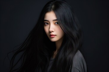 Fototapeta premium Young Asian woman with long dark hair and pale skin against a dark background