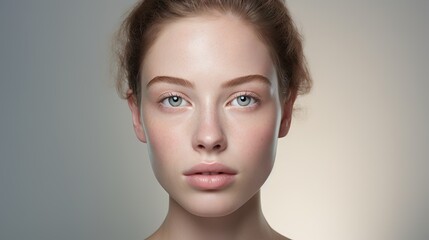 Fototapeta premium Young Caucasian Woman with Light Brown Hair Styled in a Simple Updo, Wearing Minimal Makeup and Looking Directly at the Camera with a Neutral Expression