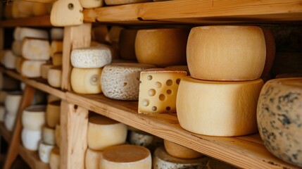 Fototapeta premium shelves with various types of cheese, cheese production