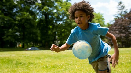 boy 12s player runs on grass in park to the ball, team game, children's activity